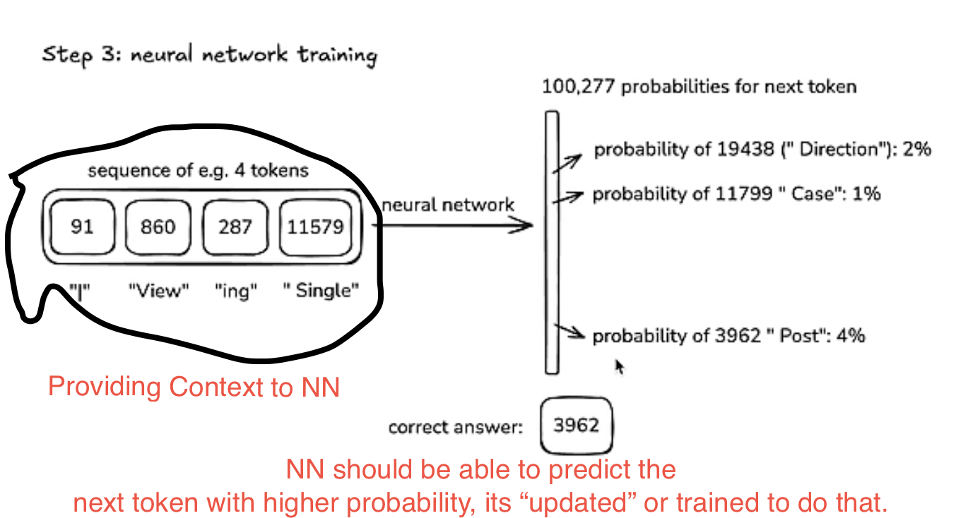 NN Training — tokens in, probabilities out, correct answer guides weight update